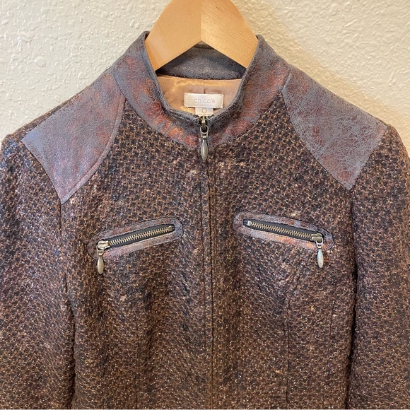 Chico’s Women’s Brown Metallic Tweed Zip Front Lined Jacket Blazer Size 0 S/4 - Picture 2 of 15